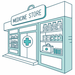 A simple illustration depicts the facade of a medicine store with a medical cross and shelves of products
