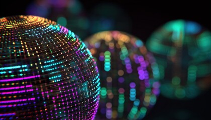 Neon Dots And Stripes In Abstract Spheres: A Hi-Tech Orb Hud Element For Global Network Connection, Science, And Technology.