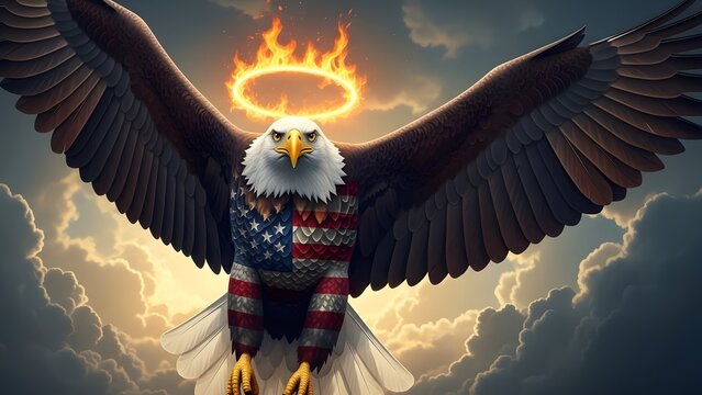 Patriotic eagle with halo and american flag design
