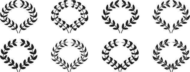 Set of black circular laurels branches. laurel wreath, gold wreaths award, achievement, heraldry, award laurel wreaths. Silhouette laurel wreath. Heraldic trophy crest, Greek and Roman olive branch.
