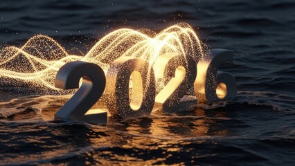Illuminated 2026 numerals sparkling over ocean waves at sunset
