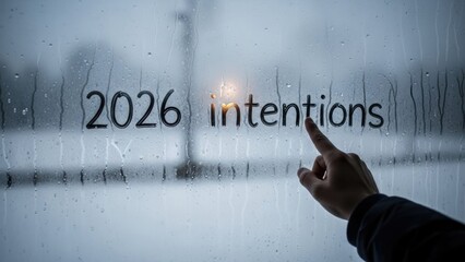Finger drawing 2026 intentions on foggy glass during winter snowfall