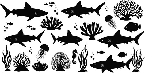 Ocean marine life silhouettes illustration, featuring sharks fish coral reef sea plants jellyfish seahorse underwater ecosystem vector set isolated black design collection © Masuduzzaman
