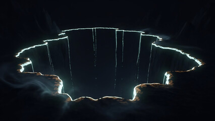 A deep natural chasm with glowing edges and falling water in darkness