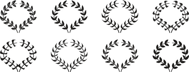 Set of black circular laurels branches. laurel wreath, gold wreaths award, achievement, heraldry, award laurel wreaths. Silhouette laurel wreath. Heraldic trophy crest, Greek and Roman olive branch.