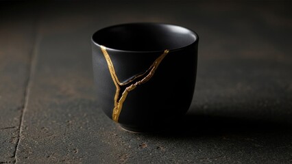 Elegant black ceramic cup with gold kintsugi design on dark background