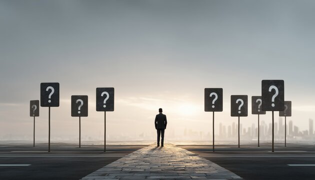 Decision-Making Dilemma: A Businessperson At A Crossroads Facing Uncertainty And Direction In Career, Strategy, And Self-Development.