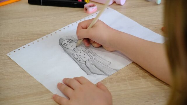 Anime person, sad girl, emo. Child, teenager girl drawing sketch picture, crying girl. Hand drawing Youth culture	