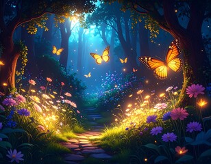 A whimsical, vibrant illustration of a glowing forest path. Butterflies flutter through blooming flowers, bathed in magical light