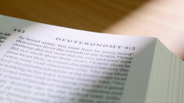 Macro Close-Up of Bible - Deuteronomy Book Pages Turning in Old Testament. Clean typography, soft lighting. Ideal for Christian, spiritual, or educational content. 4K Slide right close up shot