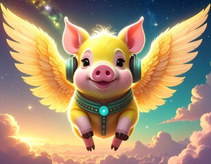 A whimsical, vibrant image of a cheerful piglet with golden wings, flying in a dreamy, colorful sky, wearing headphones