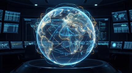 Glowing blue globe with network connections in futuristic control room
