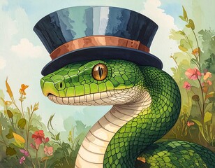 A whimsical watercolor illustration of a green snake wearing a black top hat, set amidst a vibrant, flowery meadow scene