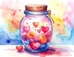 A whimsical watercolor illustration showing a glass jar filled with colorful hearts, set against a vibrant, blended background