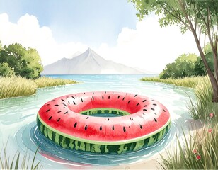 A whimsical watercolor painting of a watermelon-shaped float in a serene lake, with a mountain backdrop