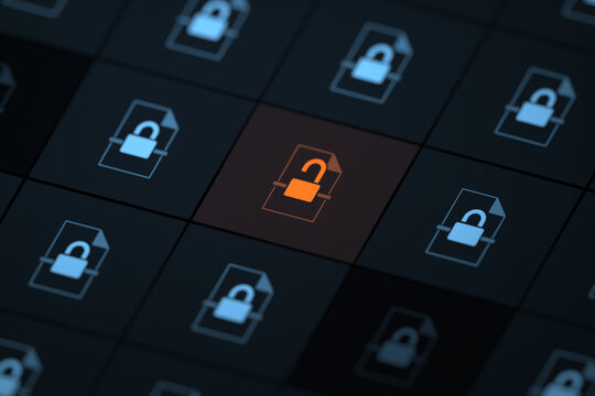 Security vulnerability files system, grid of blue locked document icons on dark background one highlighted orange unlocked isometric selective focus