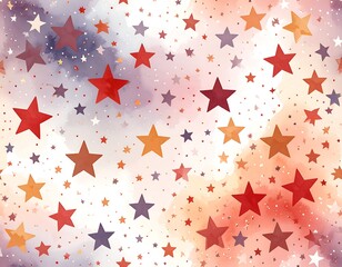 A whimsical, watercolor-style design with scattered stars in shades of red, orange, and purple against a blended background