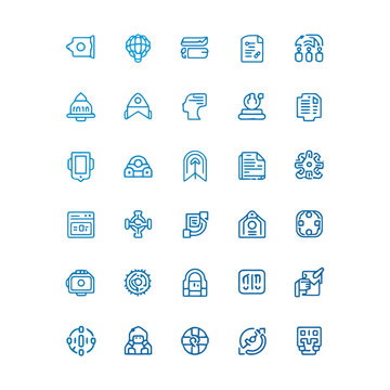 Blue Line AI and Technology Icons Set with Brain Globe Smartphone Cloud Computing Neural Network Elements