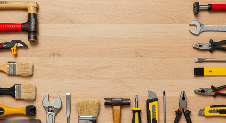 Assorted tools forming frame on wooden surface with empty copy space