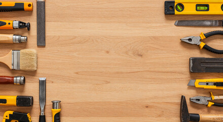 Assorted tools forming frame on wooden surface with empty copy space