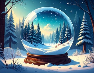 A whimsical winter scene encapsulated inside a snow globe, showcasing a snowy forest with falling snowflakes