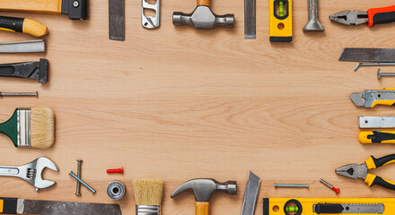 Assorted tools forming frame on wooden surface with empty copy space