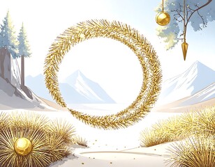 A whimsical winter scene featuring a golden wreath at the center, surrounded by snowy mountains and stylized trees with ornaments