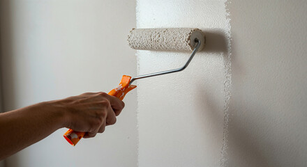 Hand painting white wall with roller during interior renovation work