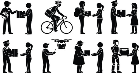 Package delivery icons showing diverse courier methods including drone, robot, cyclist, and human handoff in silhouette style