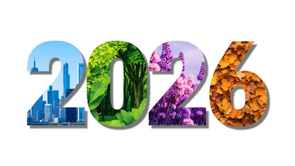 The year 2026 represented with nature and cityscape imagery inside the digits