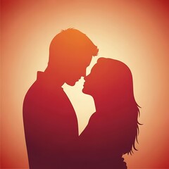 Silhouette of Romantic Couple Embracing Against Warm Sunset Background