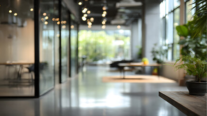 Abstract background of an office interior. Blurred office space. Modern workspace design. Glass walls and plants. Commercial building, eco-friendly building, business concept.