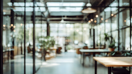 Abstract background of an office interior. Blurred office space. Modern workspace design. Glass walls and plants. Commercial building, eco-friendly building, business concept.