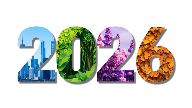 The year 2026 represented with nature and cityscape imagery inside the digits - Powered by Adobe
