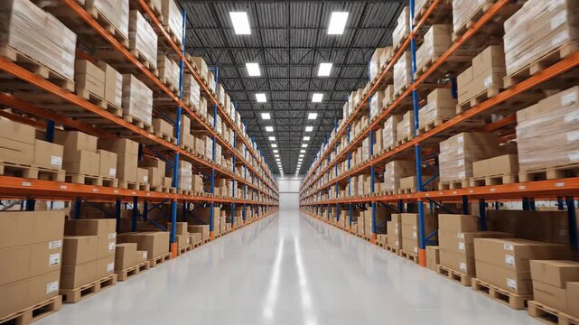Industrial storage facility with tall shelves stacked with merchandise
