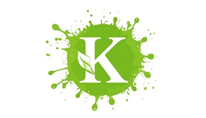 A white letter "K" is centered, adorned with a leaf, set against a green, splattered paint backdrop