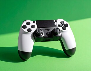 A white and black gamepad rests on a vibrant green surface, bathed in sunlight. Shadows are cast adding depth
