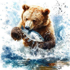Fototapeta premium Bear Catching Fish, playful watercolor vector depicting lively antics and expressive gestures, isolated on a white background.