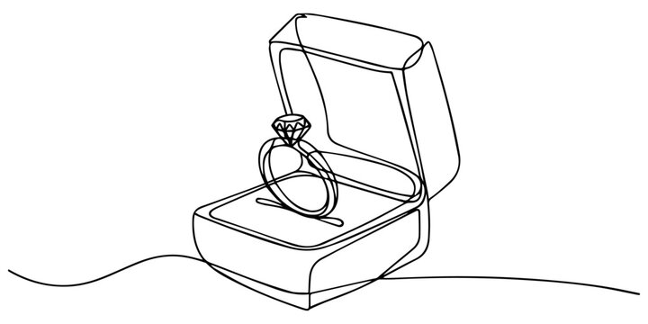 Continuous one line drawing of engagement or wedding ring in the gift box. Editable line vector, Diamond engagement ring in open jewelry box continuous one line drawing vector illustration