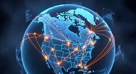 Futuristic digital globe with glowing network connections spanning north america illustrating global connectivity and data transmission