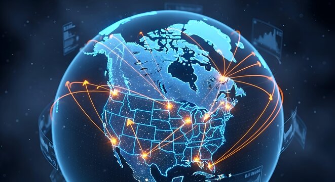 Futuristic digital globe with glowing network connections spanning north america illustrating global connectivity and data transmission - Powered by Adobe