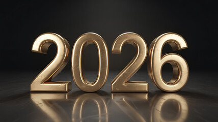 Golden 2026 metallic typography on a dark reflective surface with a glossy finish numbers