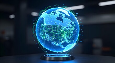 Futuristic glowing holographic digital earth globe with glowing lines and nodes representing global data connections and technology on a dark background