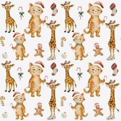 Fototapeta premium Watercolor pattern design featuring playful animals with festive elements in a repeating pattern