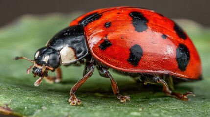 Vibrant red and black spotted beetle rests upon a textured green leaf surface