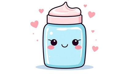 Adorable cartoon jar of cosmetic cream with a cute face, pink hearts, light blue container and a pink lid