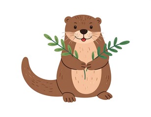 Adorable cartoon illustration of a brown otter smiling and holding a sprig of green leaves. It has a long tail, rounded body, and is set against white