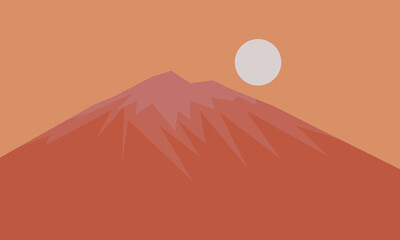 A landscape with mountain silhouette on an orange background with a sun. The image creates a peaceful and serene scene.