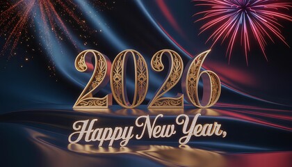 Happy New Year 2026 celebration featuring elegant golden ornate numbers, sparkling text, and festive fireworks on a luxurious silk background.