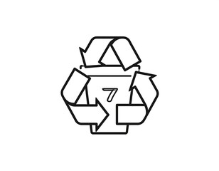 Black & white graphic shows a recycling symbol around a coffee cup with the number seven inside